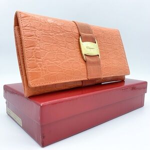 Salvatore Ferragamo Calf Croc Leather Bi-Fold Long Wallet in Orange